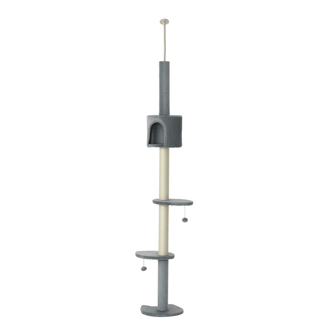 85.5" Cat Tree Height Adjustable Floor-to-Ceiling 4-Tier Kitty Climbing Activity Center Condo Cat Toy with Scratching Post Hanging Balls Play Rest Post Pet Furniture Grey