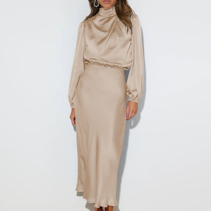 Elegant Temperament Long-sleeved Dress Satin Halterneck Formal Evening Dresses Women Clothing