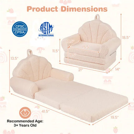 2-in-1 Flip Open Kids Sofa Lounger, Teddy Fleece Toddler Couch With Carry Handle For Ages 3+ (Beige)