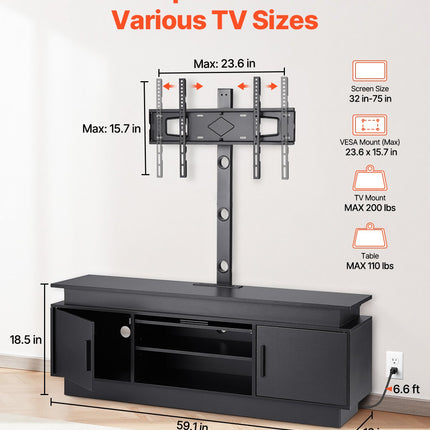 60" TV Stand With Mount For Up To 75 In TVs, Entertainment Center With Power Outlet & LED Lights, Height Adjustable TV Console With Mount With 3 Tiers Storage Cabinets For Bedroom, Living Room