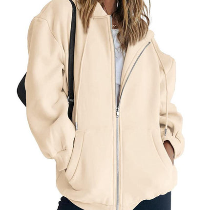 Women's Fashion Casual Solid Color Drawstring Zipper Hooded Sweatshirt