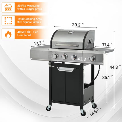 Propane Grill 3 Burner Barbecue Grill Stainless Steel Gas Grill With Side Burner For Outdoor BBQ, Camping