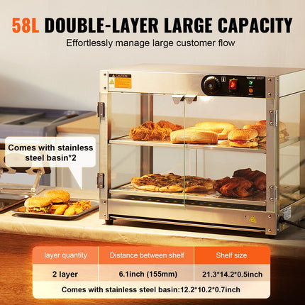 2-Tier Commercial Food Warmer Display Countertop Pizza Cabinet With Light