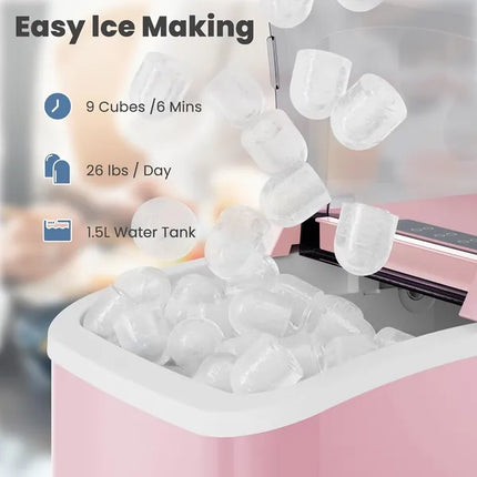 Countertop Ice Maker With Handle, 26lbs&24H Portable Ice Machine, 9 Bullet Ice Cubes Ready In 6 Mins, Self-Cleaning, Quiet Compact Ice Maker For Home, Kitchen, RV, Camping