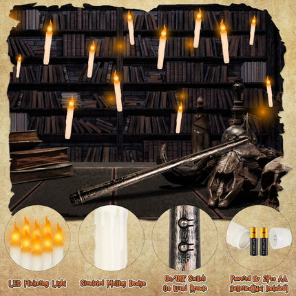 12Pcs Flameless Floating Candles LED Magic Hanging Candle Light Battery Operated Flickering Warm Light Window Candle With Magic Wand Remote For Halloween Christmas Party