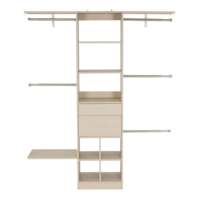Closet System With 2 Drawers, Adjustable Height Wooden Closet Organizers, Modern Walk-in Wardrobe Organization With 5 Retractable Clothes Hanger Rods, Freestanding Garment Rack Storage, Grey
