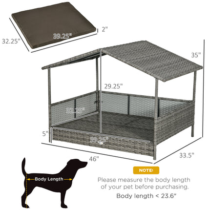 Outdoor Dog Bed with Canopy, Rattan Dog Bed with Soft Cushion Removable Cover for Medium and Large Dogs, Charcoal Gray