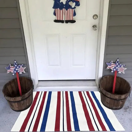 1pc 4th Of July Patriotic Door Mat - Blue White Red Striped Welcome Mat With Stars & Stripes Design, Durable Non-Woven Fabric & Rubber Backing, Hand Wash Only Farmhouse Porch Decor For Independence Da