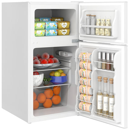 3.2 Cu.Ft Mini Fridge with Freezer, Double Door Compact Refrigerator with Adjustable Thermostat, Shelf and Reversible Door for Bedroom, Dorm, Home Office, Energy Efficient, White