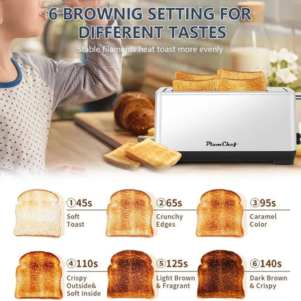 4-Slice Toaster, Extra Wide Long Slot Toaster, 6 Browning Settings, Bagel/Defrost/Reheat Functions, Removable Crumb Tray, Stainless Steel Housing, Silver