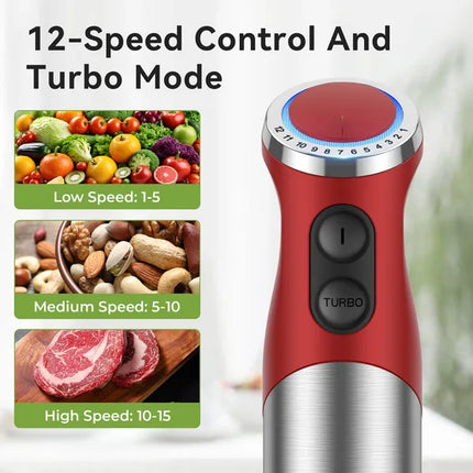 TENKER 5-in-1 Hand Immersion Blender, 1000W 12 Speed Handheld Blender, Copper Motor Stainless Steel Blade Stick Blender,600ml Mixing Beaker,500ml Food Processor, Whisk, Milk Frother, BPA-Free, Red