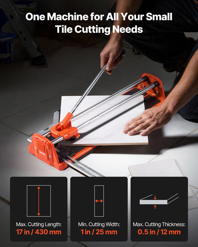 17-Inch Manual Tile Cutter For Wall & Polished Tiles,Double Rails For Precise Cutting, Tungsten Carbide Wheel,Non-Slip Handle,Anti-Displacement Pressure Rod,Precise Cuts For Pros & Beginners
