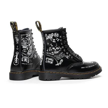 Personalized Hard Leather Skull Boots Men And Women Graffiti Leather Boots Round Head Motorcycle Shoes