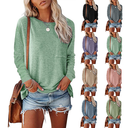Pocket Split Long-sleeved Casual Bottoming T-shirt