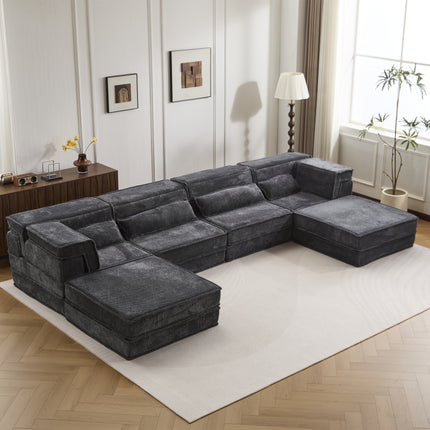Compression Mahjong Sofa,Convertible Floor Sofa Bed,DIY Boneless Modular Sectional Sofa,No Assembly Required,Circle Fleece Fabric,Oversized 4 Seater With 2 Ottoman,Dark-grey