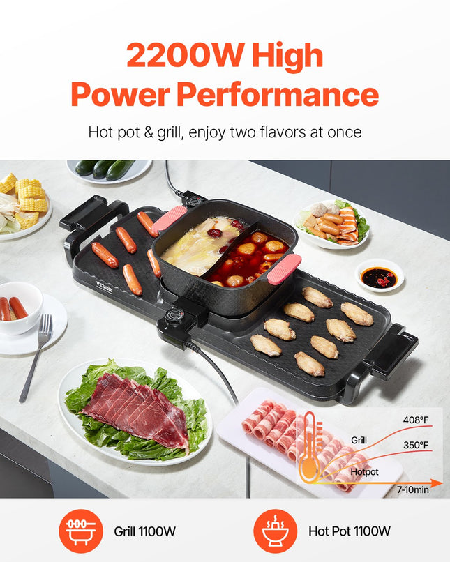 Hot Pot With Grill 2300W 2-in-1 Electric Smokeless BBQ Pan With Removable Pot