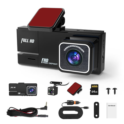 1Pc WiFi FHD 1080P Car Dash Cam 3 Channels Front Rear Inside Dash Camera With Loop Recording Reversing Image Night Vision 170 Degree Wide Angle Support 64G MMC Card Included