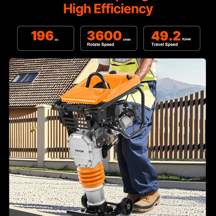 Jumping Jack Compactor, 6.5 HP Vibratory Rammer Fuel-Powered 196 Cc Engine Tamper, 3600 Lbs Impact Force, 26" Max Compaction Depth, For Soil, Gravel, Footings, Concrete Slabs, And Foundations