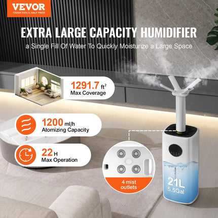 Commercial Humidifier, 5.5 Gal/21L 40.6 Oz/h Cool Mist Output, Industrial Air Vaporizer For Large Room Up To 1291.7 Sq Ft,Top Refill Humidifier W/ 12-Hour Timer For Whole House,Greenhouse, Plant