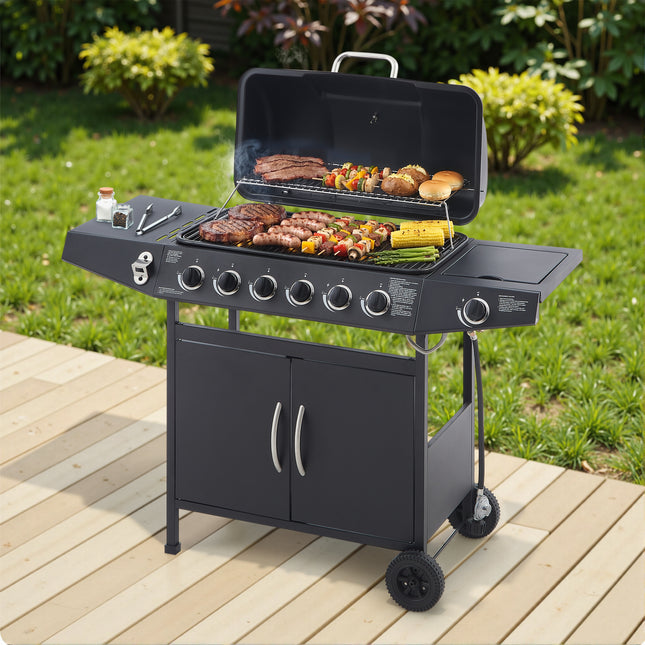 6 Burner BBQ Propane Gas Grill With Side Burner 59000 BTU Output Stainless Steel Barbecue Grill With Enamel-Coated Grates And Side Tables For Outdoor Cooking Kitchen And Patio Backyard.