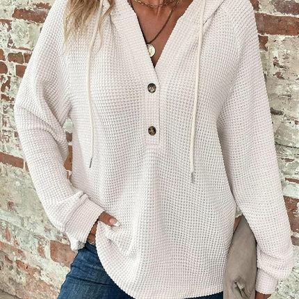 Waffle Hooded Sweater Sweatshirt Fashion Casual Long-sleeved Drawstring V-neck Buttons Top Women's Clothing