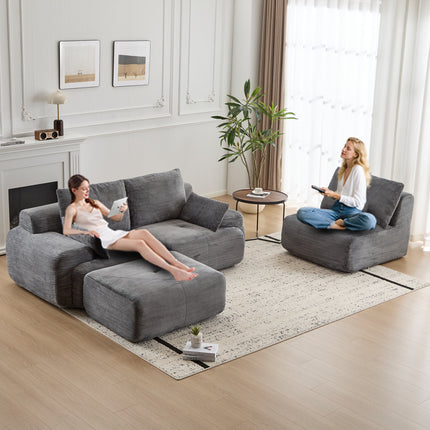 Modern Memory Foam Compressed Sofa,Large Sectional Couches For Living Room,Pet-Friendly Cloud Modular Sectional Sofa,Corduroy Fabric,Extra Deep Loveseat,No Assembly Required,GREY