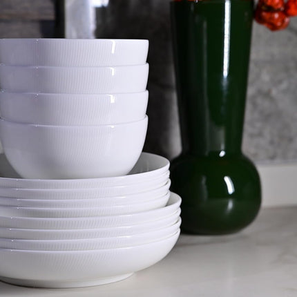 Setaria Bone China Dinnerware Set, 12 Pieces, Service For 4, Plates, Dishes, Bowls Set, Microwave And Dishwasher Safe, Ivory White With Narrow Curve Stripe