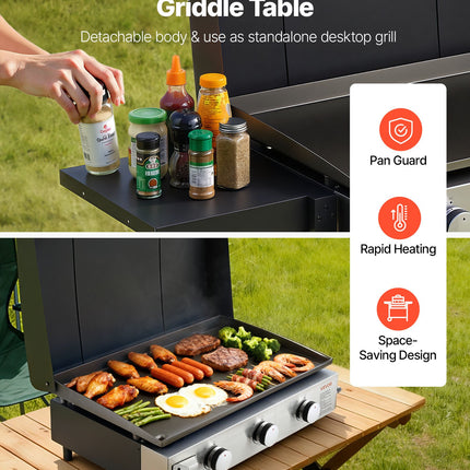 Gas Griddle, 3-Burner Flat Top Grill, Propane Griddle With Wheels, Lid, 3 X 11000 BTU Outdoor Flat Top Grills For Pan-Frying, Grilling, Stir-Frying, & BBQ, Pulse Ignition, Removable Top Design