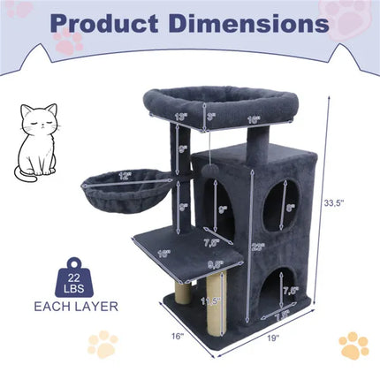 Dark Gray 33.5" Multi-Level Cat Tree With 2-Tier Condo, Sisal Scratching Posts & Anti-Toppling Device For Cats