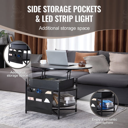 Lift Top Coffee Table, 35.3 In Round Coffee Table With Extra Storage Pockets, Pop Up Coffee Table For Living Room, Black