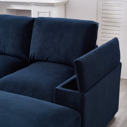 Sectional Sofa Deep Seat Sofa Couch With Ottomans, Corduroy Sofa Sleeper Comfy Upholstered Furniture For Living Room, Apartment, Office, 4-Seat & 2-Ottoman, Blue