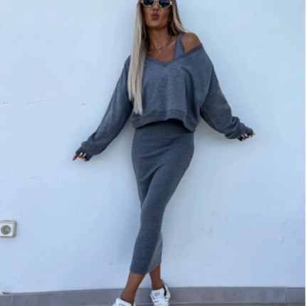 Women's Two Piece Dress Suit Fashion Long-sleeved  V-neck Pullover Sweatshirt And Sleeveless Dresses Set