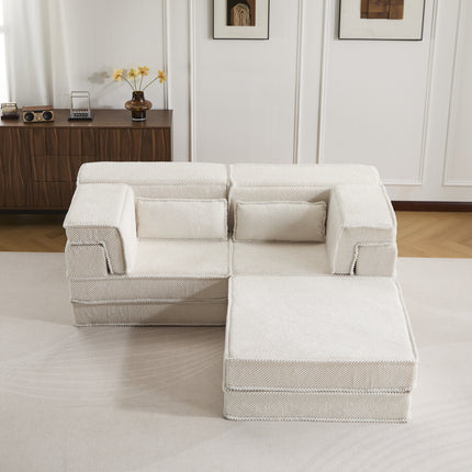 Compression Mahjong Sofa,Convertible Floor Sofa Bed,DIY Boneless Modular Sectional Sofa,No Assembly Required,Circle Fleece Fabric,Oversized 2 Seater With 1 Ottoman,White