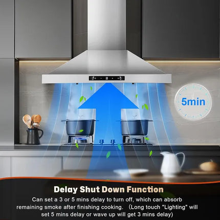24 Inch Range Hood, Ducted/Ductless Range Hood 450CFM, Wall Mount Kitchen Hood In Stainless Steel, Gesture Sensing & Touch Control, 3 Speed Fan, 2 Pcs Baffle Filters