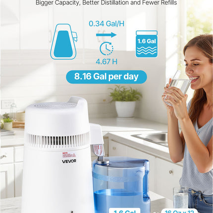 6L Water Distiller Home Countertop Purifier Machine 900W Plastic Stainless Steel