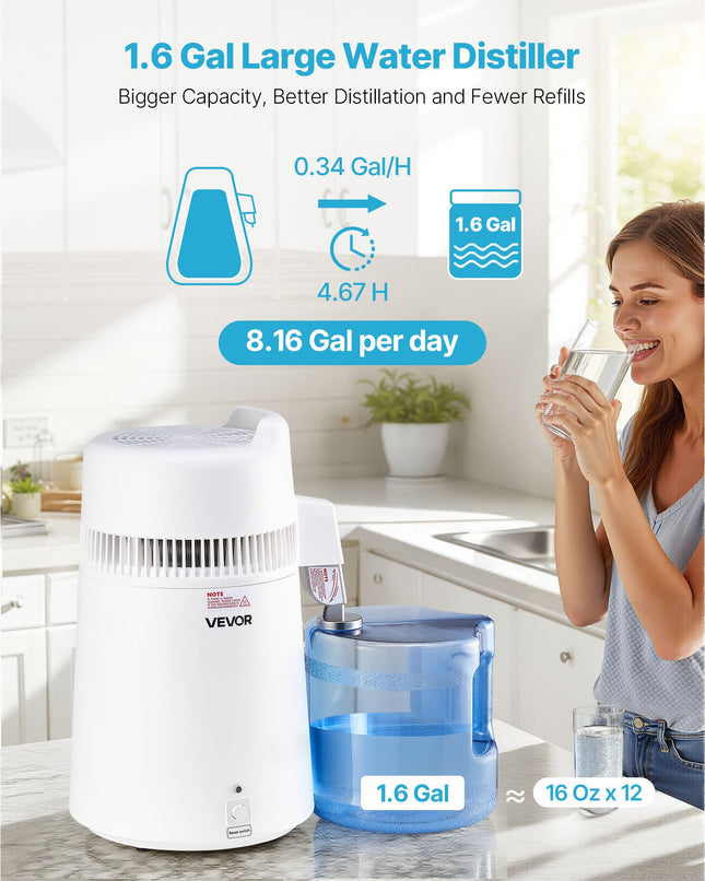 6L Water Distiller Home Countertop Purifier Machine 900W Plastic Stainless Steel
