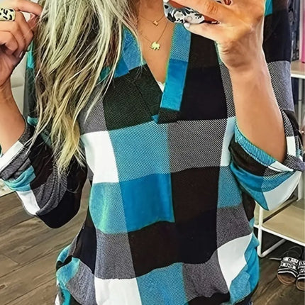 Stylish Plaid Flannel Shirt - Soft Long Sleeve V-Neck Top With Relaxed Fit For Everyday Wear, Women's Casual Clothing For Autumn And Winter Season