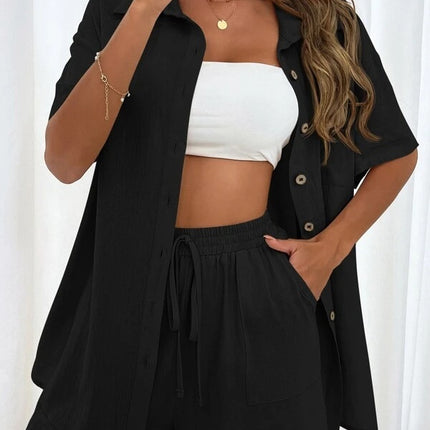 Women's Fashion Shorts Two Pieces Solid Color Shirt Suit