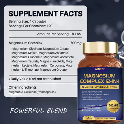 WINYEL Magnesium Complex 700mg 12 In 1 Magnesium Supplement With Glycinate, Citrate, Malate  Sleep, Calm, Muscle Relaxation, Heart Health Support  Vegan 120 Capsules