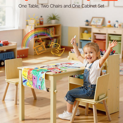 Kids Art Table And Chair Set, Toddler Craft Table With 3 Tiers Storage Cabinet, Wooden Kids Activity Play Desk With 2 Chairs, Craft Play Desk For Reading, Learning, Drawing, Writing, Light Wood