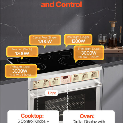 36 In Electric Range Oven, 6.0 Cu. Ft. Capacity Compact Freestanding Oven, Stainless Steel Kitchen Stove, With 5 Burners, Digital Screen Button Control, Easy Reach Racks For RV(No Power Cord)