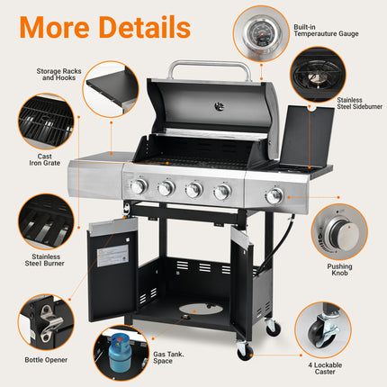 Propane Grill 4 Burner Barbecue Grill Stainless Steel Gas Grill With Side Burner For Outdoor BBQ, Camping
