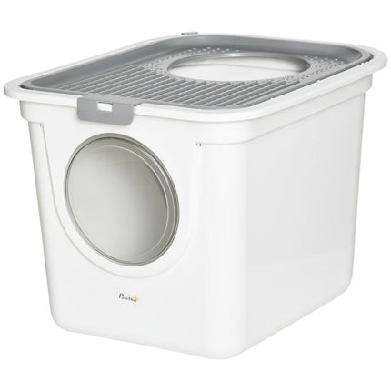 Covered Cat Litter Box, Easy Cleaning Kitty Litter Box With Front Entrance, Top Exit, Scoop, For Odor Control, White