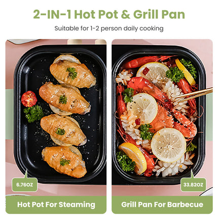 2-in-1 Electric Hot Pot & Grill Combo, Dual Separate Temperature Control, Non-Stick Die-Cast Aluminum, Overheat Protection, 33.82OZ Hot Pot 6.76OZ Grill, Portable For 1-2 People, Home Dorm Indoor BBQ
