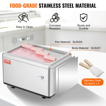 Fried Ice Cream Roll Machine, 19.3" X 14.9" Stir-Fried Ice Cream Pan, Stainless Steel Rolled Ice Cream Maker With Compressor And 2 Scrapers, For Making Ice Cream, Frozen Yogurt, Ice Cream Rolls