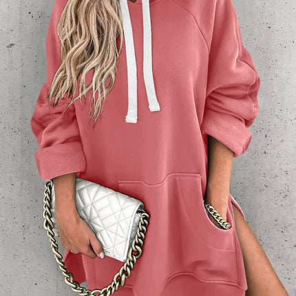 Women's Hooded Sweatshirt With Pockets Fashion Casual Split Mid-length Sweater Drawstring Tops