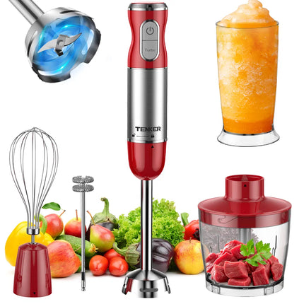 HB-2016A 5-in-1 Hand Immersion Blender, 30 Speeds Handheld Blender, Copper Motor Stainless Steel Blade Stick Blender,600ml Mixing Beaker,500ml Food Processor, Whisk, Milk Frother, BPA-Free, Red