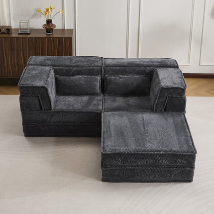 Compression Mahjong Sofa,Convertible Floor Sofa Bed,DIY Boneless Modular Sectional Sofa,No Assembly Required,Circle Fleece Fabric,Oversized 2 Seater With 1 Ottoman,Dark-grey