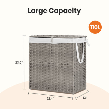 Laundry Basket With Lid, 110 L Hand-Woven Pp Rattan Laundry Basket With Compartments & Handles, Foldable, Removable Liner