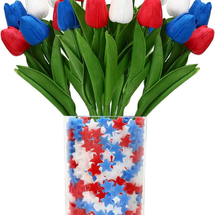4th Of July Decorations, 12 Pcs Patriotic Artificial Tulips With 180 Pcs Red White Blue Sponge Stars Independence Day Vase Filler For Home Table Centerpiece Decor Clearance Sale